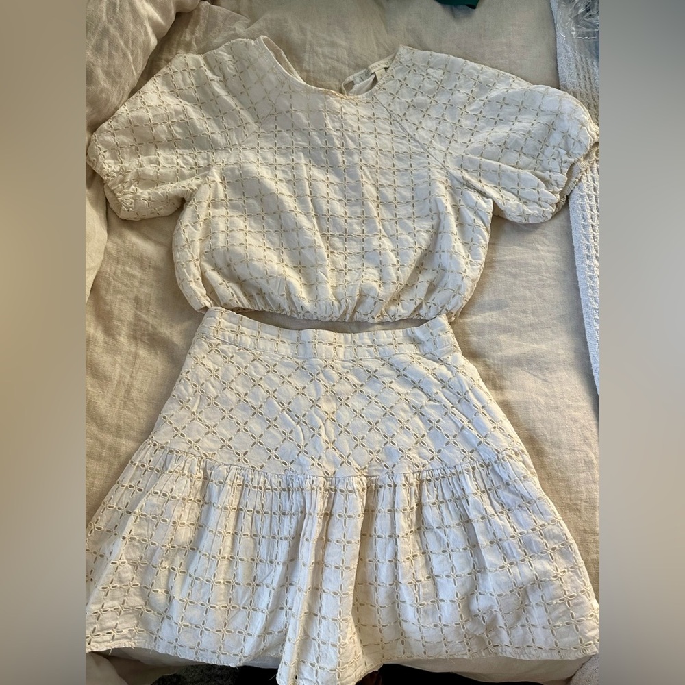 Chelsea & Violet White and Tan Embroidered Eyelet Set